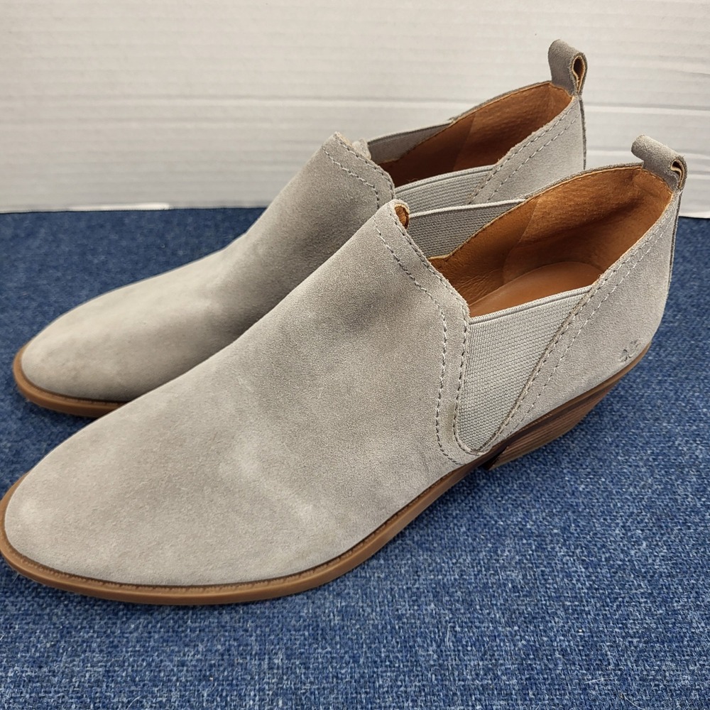 Lucky Brand Fallo Grey Suede Ankle Booties Pointed Toe Block Heel Shoes 7.5 M